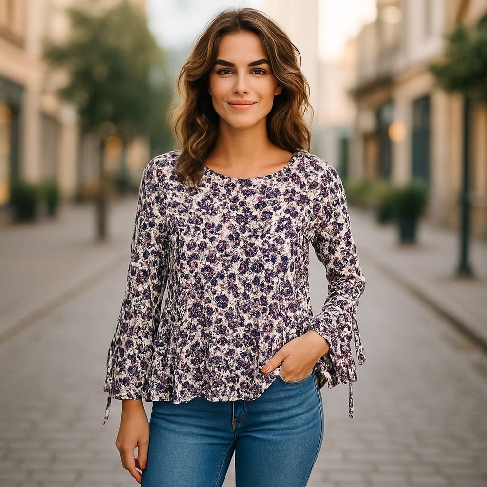 Liz Claiborne White and Purple Floral Peasant Tunic